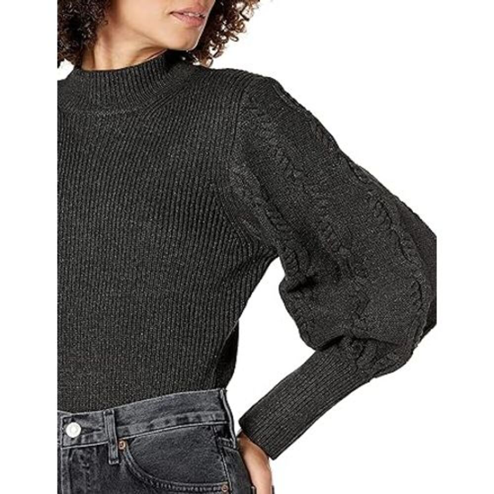 Cable Stitch Women's Ribbed Sweater Small- Mock Neck Cable‎ Lantern Sleeve Gray